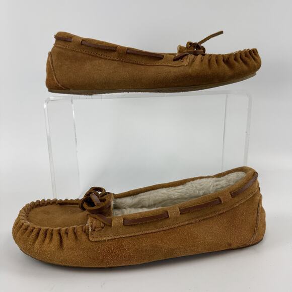 Minnetonka Trapper Leather Slippers Cinnamon Tan Women Size 8 Lined w/ Shearling - Picture 2 of 8